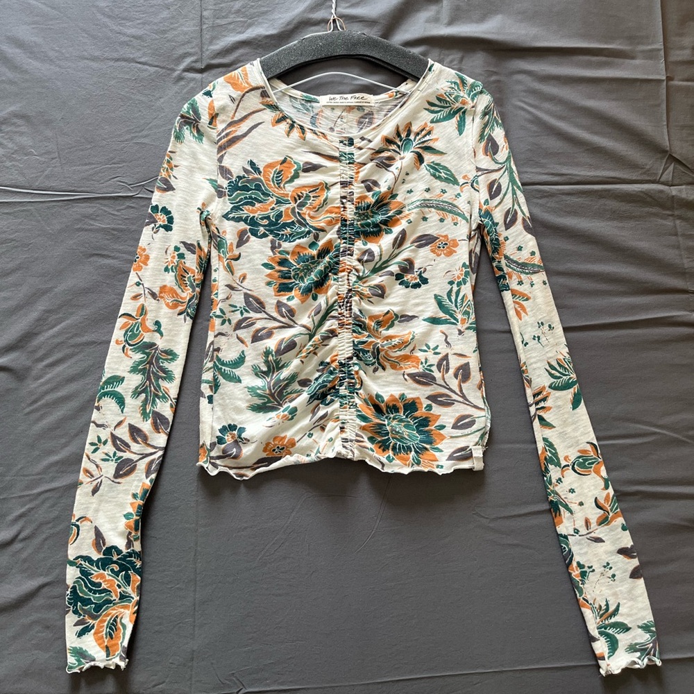 Free People Cream Ruched Long Sleeve Blouse